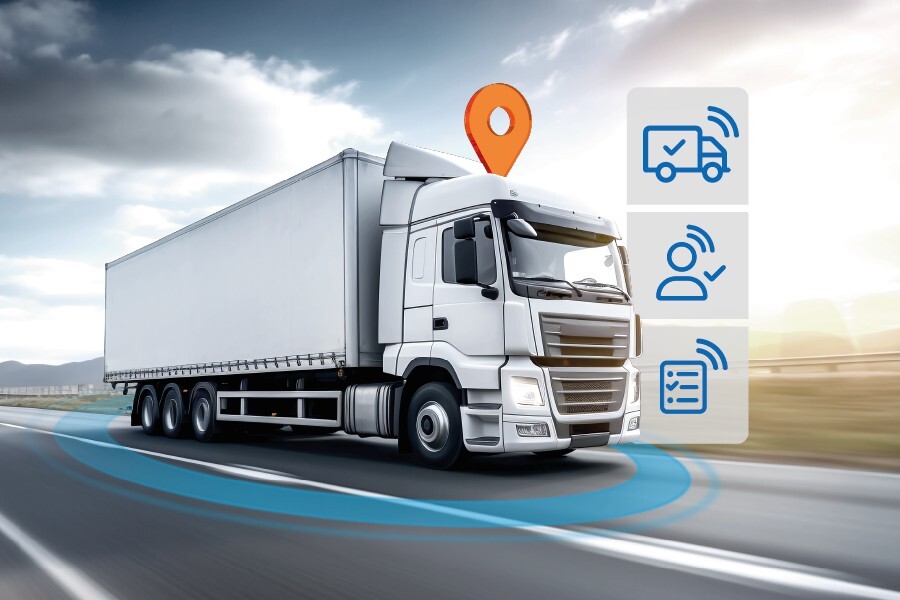 LKW con pin di marcatura e vari simboli di telematica